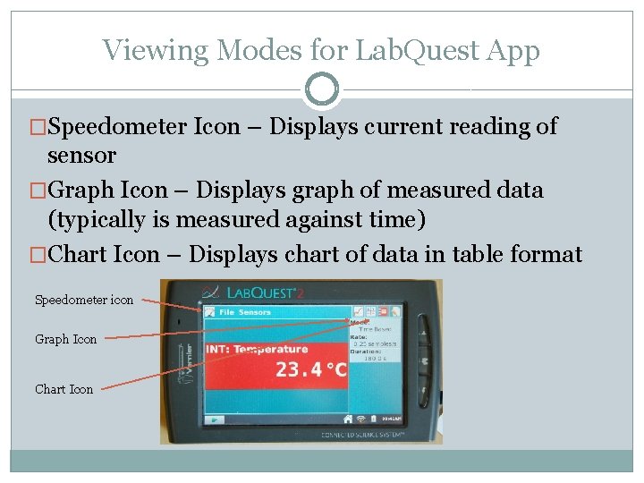 Viewing Modes for Lab. Quest App �Speedometer Icon – Displays current reading of sensor