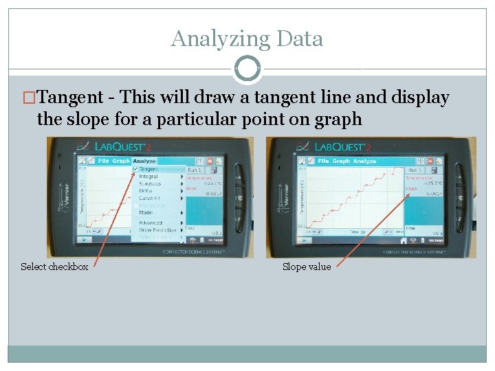 Analyzing Data �Tangent - This will draw a tangent line and display the slope