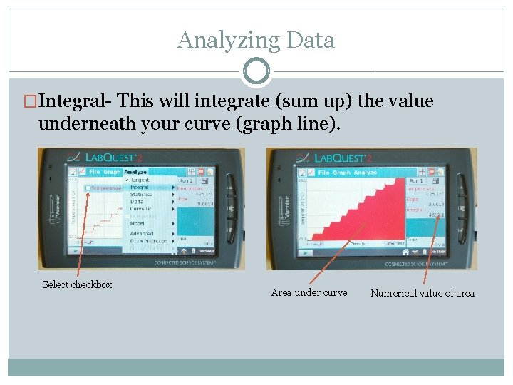 Analyzing Data �Integral- This will integrate (sum up) the value underneath your curve (graph