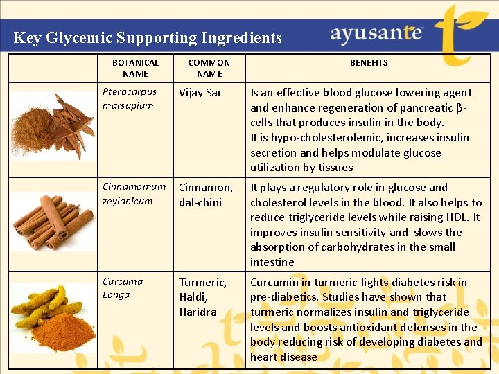 Key Glycemic Supporting Ingredients BOTANICAL NAME COMMON NAME BENEFITS Pterocarpus marsupium Vijay Sar Is
