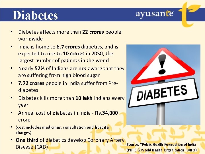 Diabetes • Diabetes affects more than 22 crores people worldwide • India is home