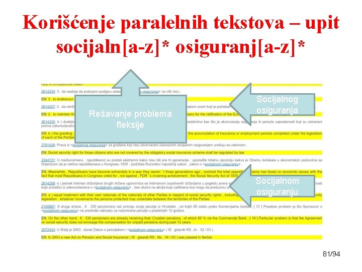 Korišćenje paralelnih tekstova – upit socijaln[a-z]* osiguranj[a-z]* Rešavanje problema fleksije Socijalnog osiguranja Socijalnom osiguranju