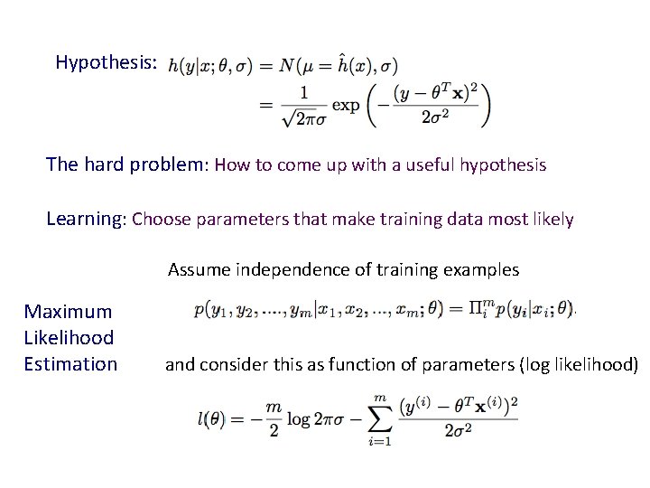 Hypothesis: The hard problem: How to come up with a useful hypothesis Learning: Choose