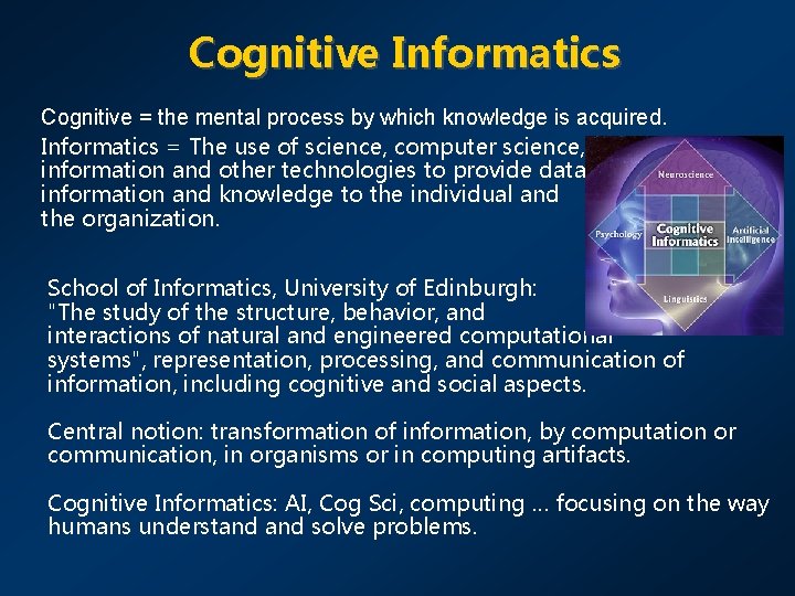 Cognitive Informatics Cognitive = the mental process by which knowledge is acquired. Informatics =