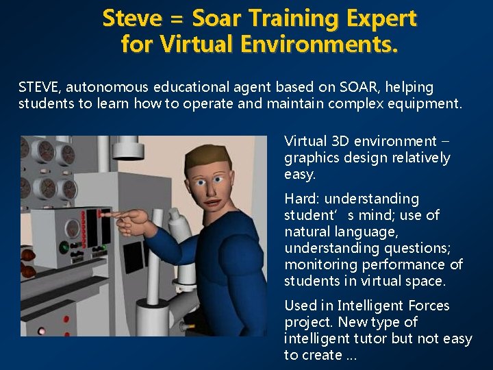 Steve = Soar Training Expert for Virtual Environments. STEVE, autonomous educational agent based on