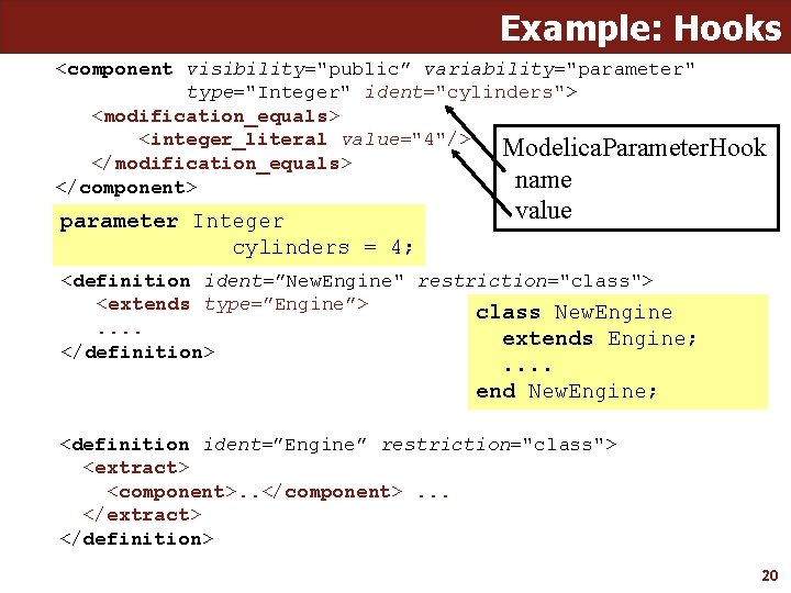 Example: Hooks <component visibility="public” variability="parameter" type="Integer" ident="cylinders"> <modification_equals> <integer_literal value="4"/> Modelica. Parameter. Hook </modification_equals>