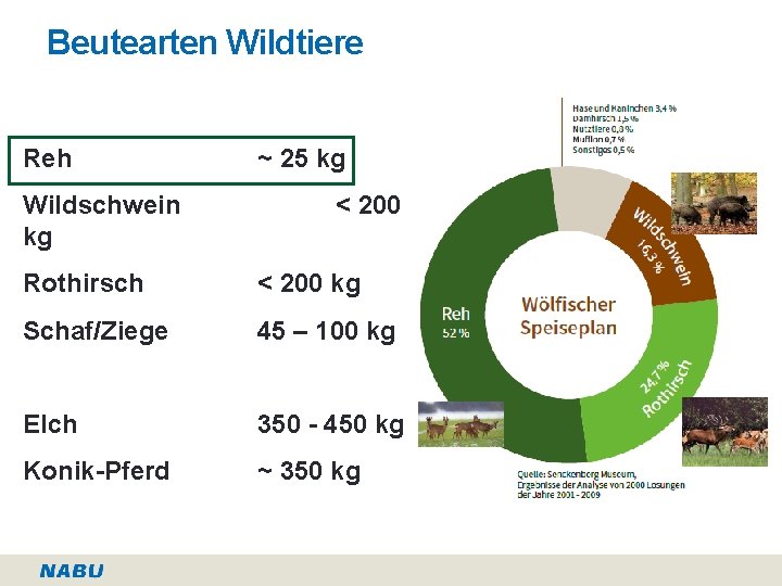 Beutearten Wildtiere Reh Wildschwein kg ~ 25 kg < 200 Rothirsch < 200 kg