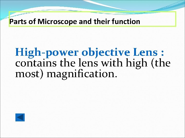 Parts of Microscope and their function High-power objective Lens : contains the lens with