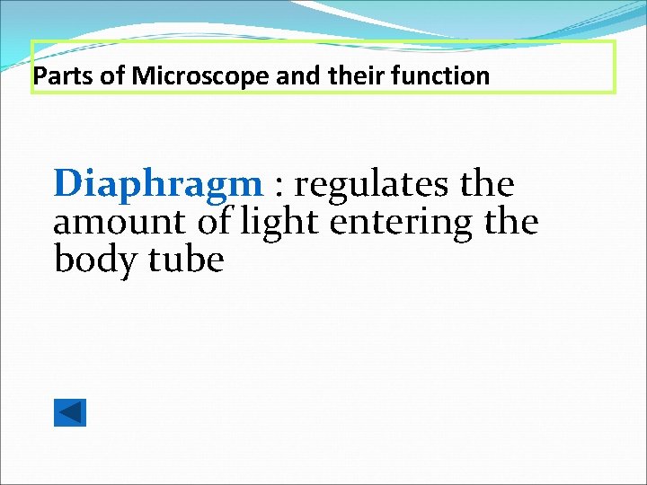 Parts of Microscope and their function Diaphragm : regulates the amount of light entering