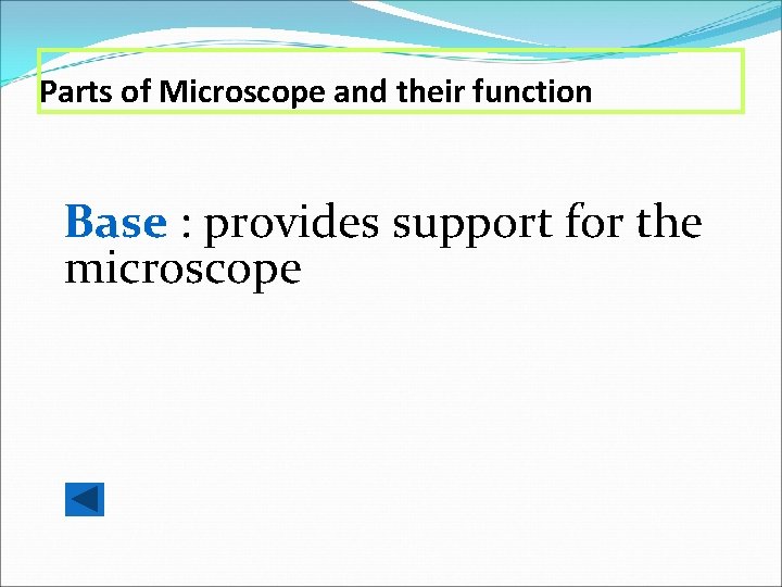 Parts of Microscope and their function Base : provides support for the microscope 