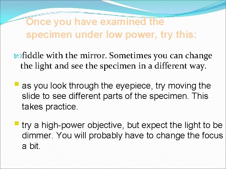 Once you have examined the specimen under low power, try this: fiddle with the