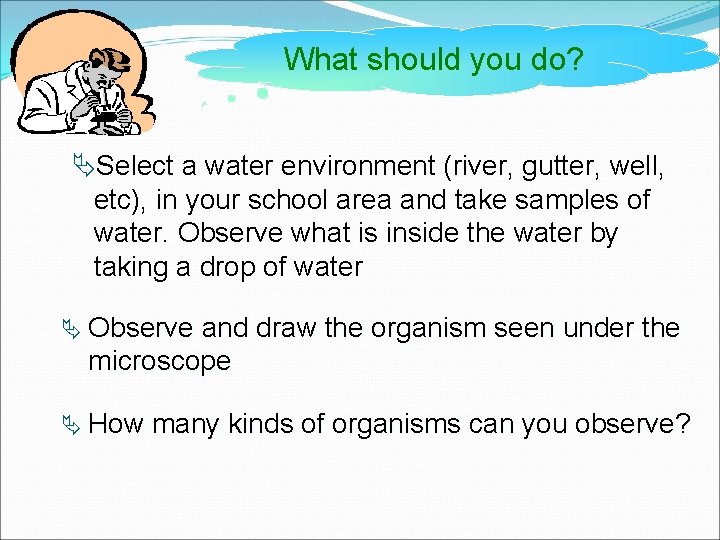 What should you do? ÄSelect a water environment (river, gutter, well, etc), in your