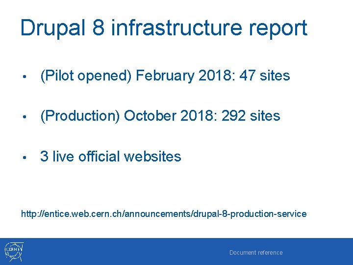 Drupal 8 infrastructure report • (Pilot opened) February 2018: 47 sites • (Production) October