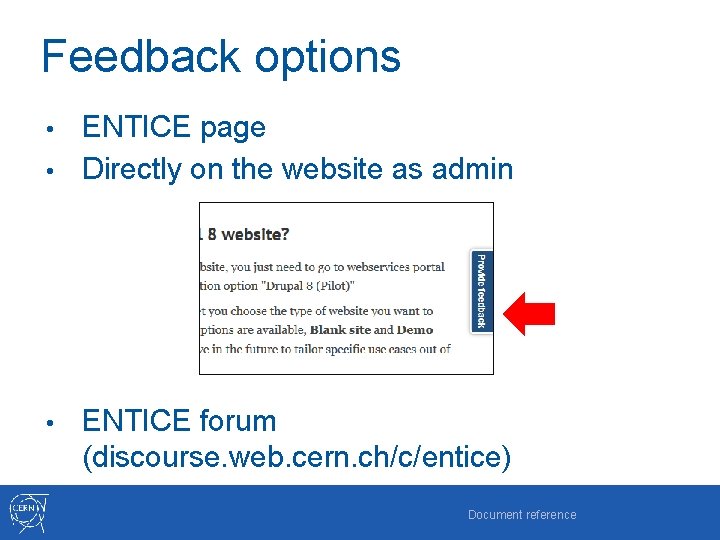 Feedback options ENTICE page • Directly on the website as admin • • ENTICE