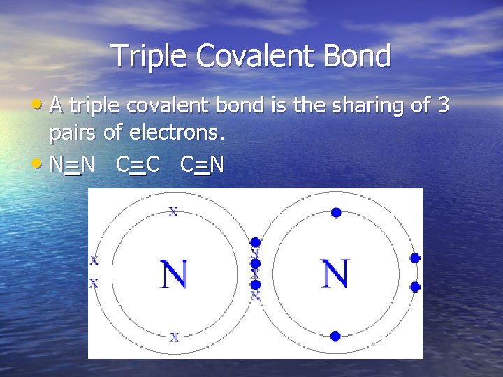 Triple Covalent Bond • A triple covalent bond is the sharing of 3 pairs