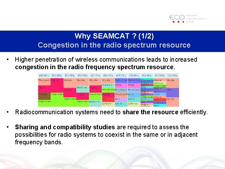 Why SEAMCAT ? (1/2) Congestion in the radio spectrum resource • Higher penetration of