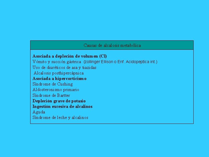 Causas de alcalosis metabólica Asociada a depleción de volumen (Cl) Vómito y succión gástrica