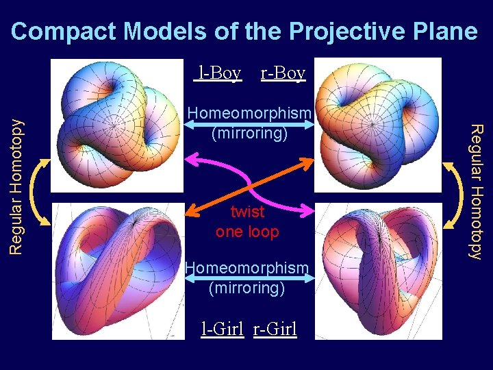 Compact Models of the Projective Plane r-Boy Homeomorphism (mirroring) twist one loop Homeomorphism (mirroring)