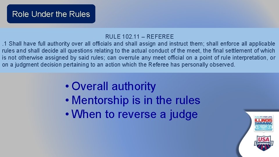 Role Under the Rules RULE 102. 11 – REFEREE. 1 Shall have full authority