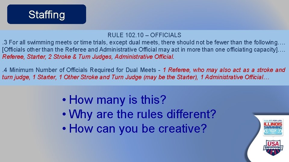 Staffing RULE 102. 10 – OFFICIALS. 3 For all swimming meets or time trials,