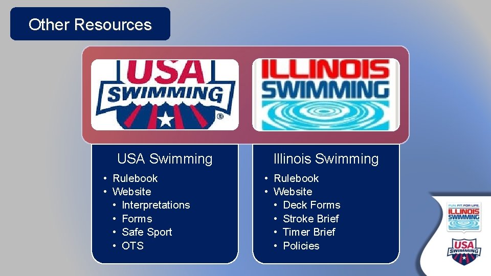 Other Resources USA Swimming • Rulebook • Website • Interpretations • Forms • Safe