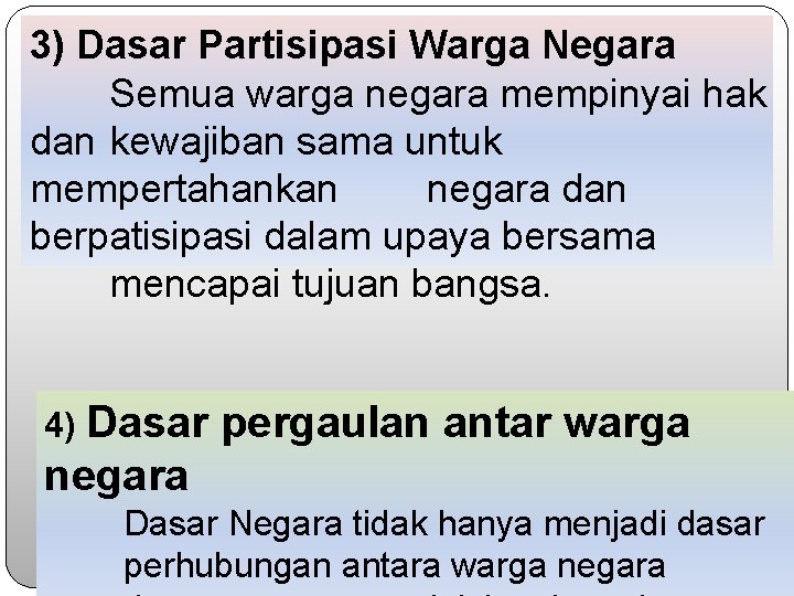 3) Dasar Partisipasi Warga Negara Semua warga negara mempinyai hak dan kewajiban sama untuk