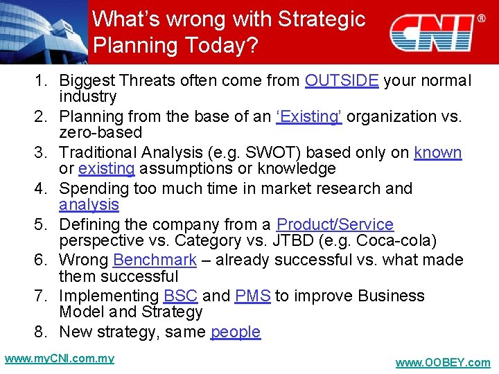 What’s wrong with Strategic Planning Today? 1. Biggest Threats often come from OUTSIDE your