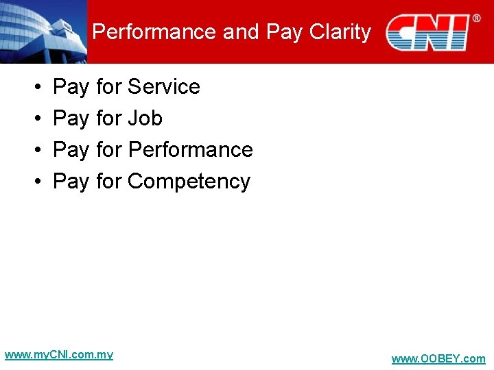 Performance and Pay Clarity • • Pay for Service Pay for Job Pay for