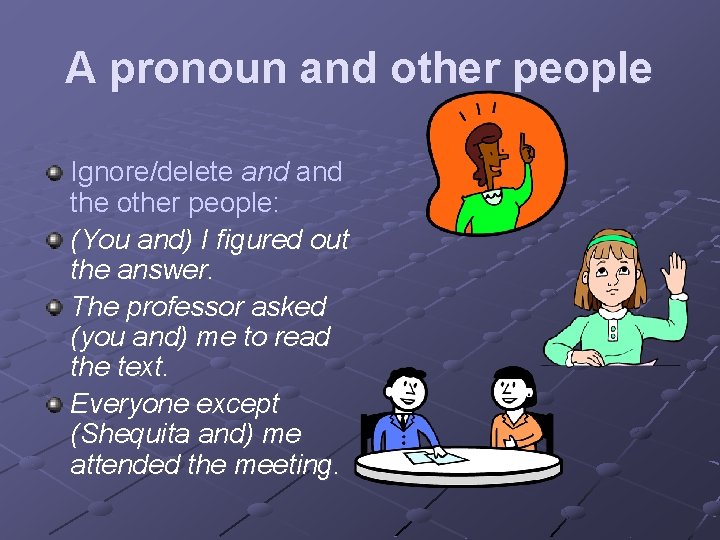 A pronoun and other people Ignore/delete and the other people: (You and) I figured