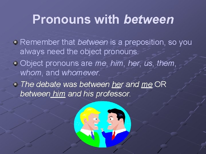 Pronouns with between Remember that between is a preposition, so you always need the