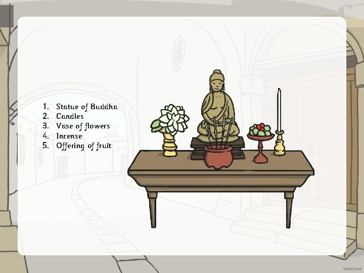 1. 2. 3. 4. 5. Statue of Buddha Candles Vase of flowers Incense Offering