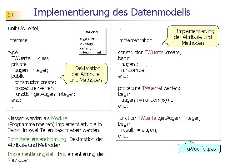 14 Implementierung des Datenmodells unit u. Wuerfel; . . . interface implementation type TWuerfel