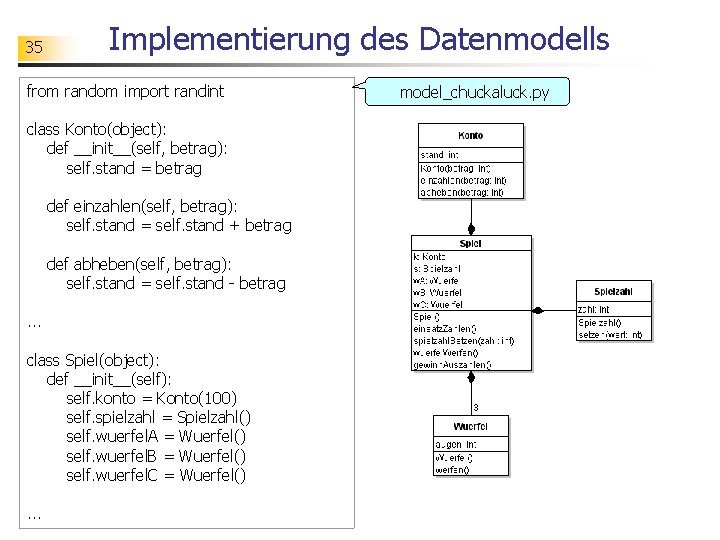 35 Implementierung des Datenmodells from random import randint class Konto(object): def __init__(self, betrag): self.