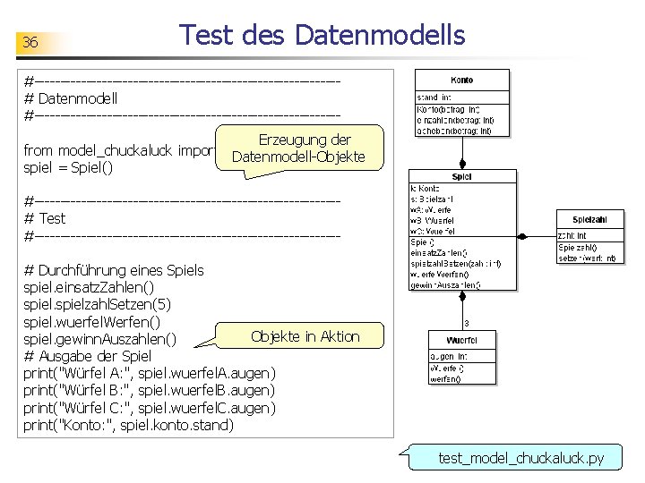 36 Test des Datenmodells #-----------------------------# Datenmodell #-----------------------------Erzeugung der from model_chuckaluck import * Datenmodell-Objekte spiel