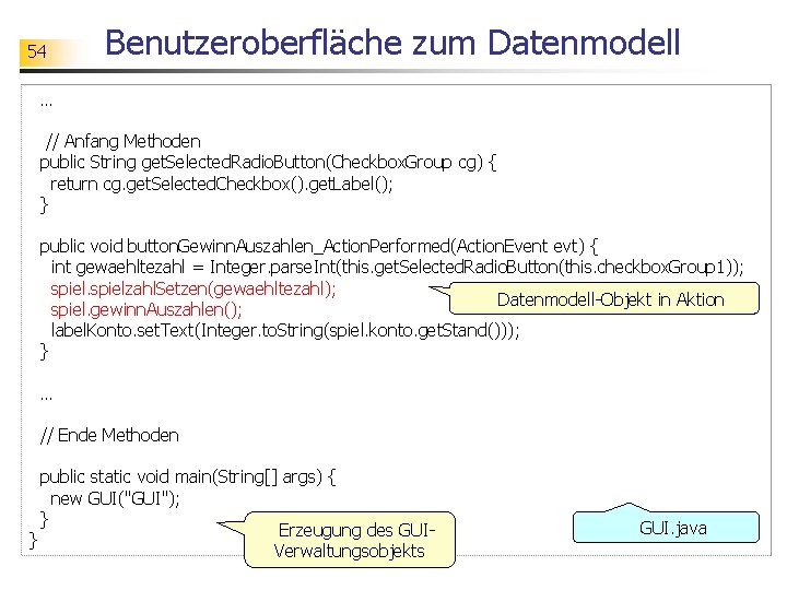 54 Benutzeroberfläche zum Datenmodell … // Anfang Methoden public String get. Selected. Radio. Button(Checkbox.