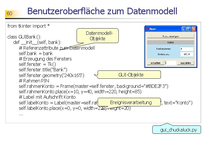 60 Benutzeroberfläche zum Datenmodell from tkinter import * Datenmodellclass GUIBank(): Objekte def __init__(self, bank):