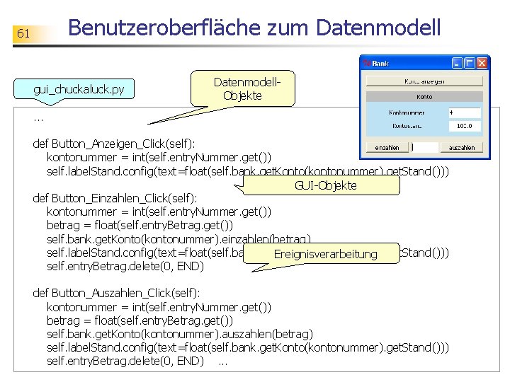 Benutzeroberfläche zum Datenmodell 61 gui_chuckaluck. py Datenmodell. Objekte . . . def Button_Anzeigen_Click(self): kontonummer