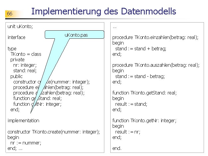 66 Implementierung des Datenmodells unit u. Konto; interface . . . u. Konto. pas