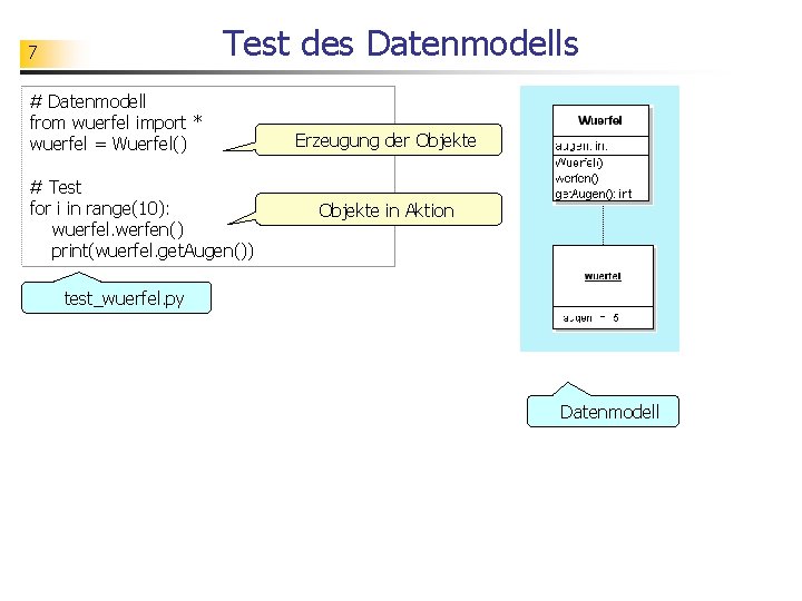 Test des Datenmodells 7 # Datenmodell from wuerfel import * wuerfel = Wuerfel() #