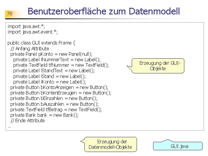 78 Benutzeroberfläche zum Datenmodell import java. awt. *; import java. awt. event. *; public