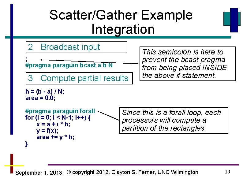 Scatter/Gather Example Integration 2. Broadcast input ; #pragma paraguin bcast a b N 3.