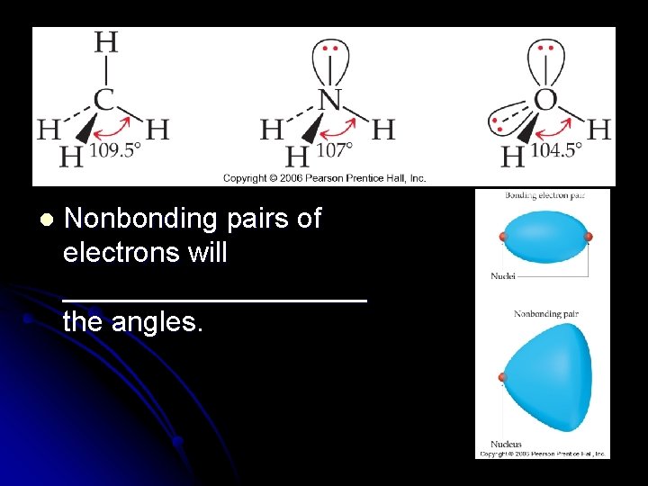 l Nonbonding pairs of electrons will __________ the angles. 