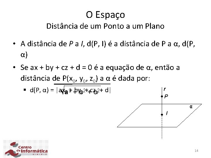 O Espaço Distância de um Ponto a um Plano • A distância de P