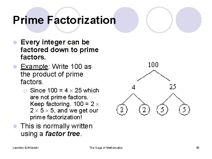 Prime Factorization Every integer can be factored down to prime factors. l Example: Write