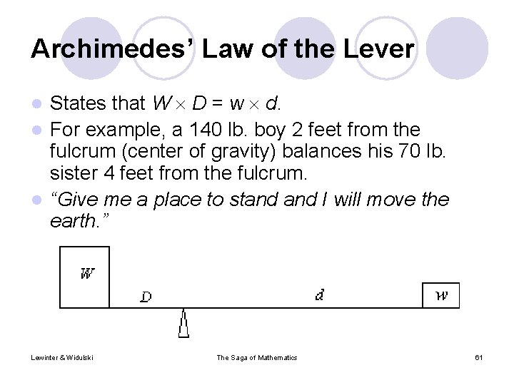 Archimedes’ Law of the Lever States that W D = w d. l For