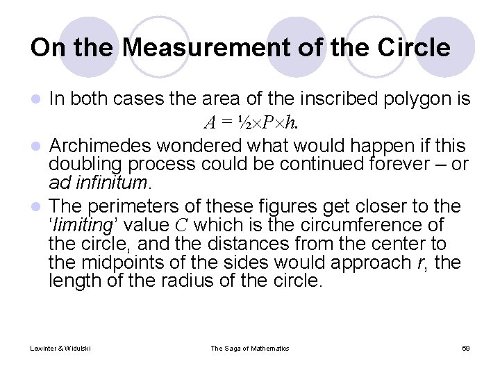 On the Measurement of the Circle In both cases the area of the inscribed