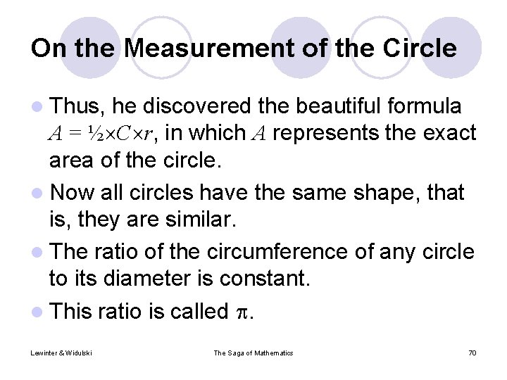 On the Measurement of the Circle l Thus, he discovered the beautiful formula A