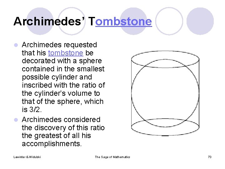 Archimedes’ Tombstone Archimedes requested that his tombstone be decorated with a sphere contained in