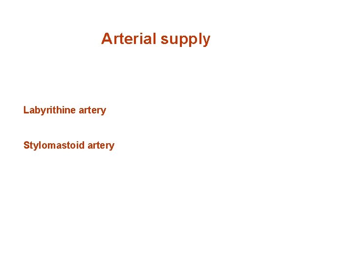 Arterial supply Labyrithine artery Stylomastoid artery 