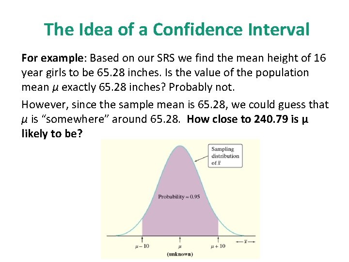 The Idea of a Confidence Interval For example: Based on our SRS we find